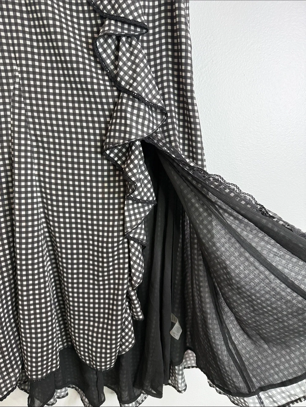 Johnathon Simkhai gingham ruffle slit maxi skirt size medium